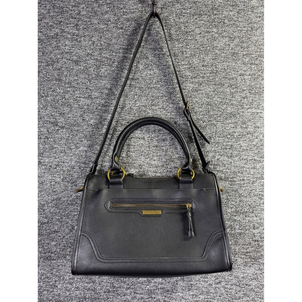 Frye and Co Black Faux Leather Satchel Crossbody Bag Antique Brass Hardware